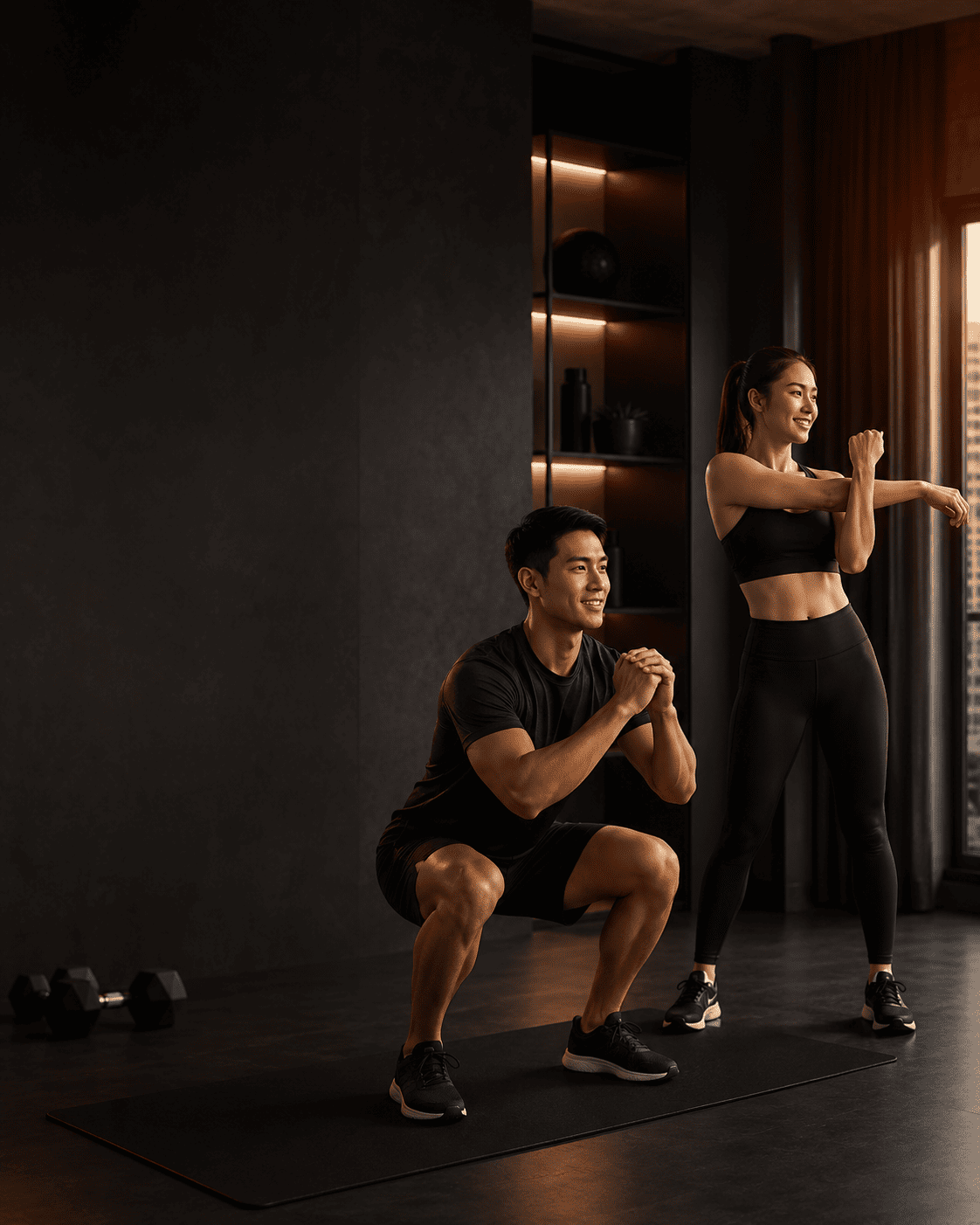 Pria dan wanita melakukan workout di rumah